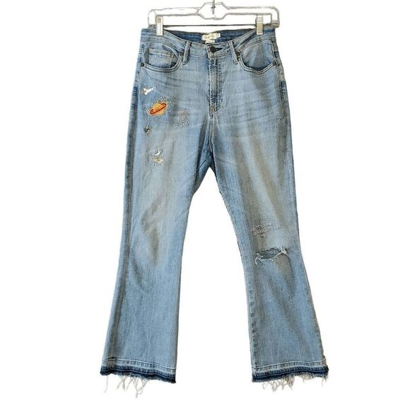 MM Vintage Denim - MM Vintage Women's Flare Raw Hem Embroidered Rocket Ship Sun Rainbow Jeans 29